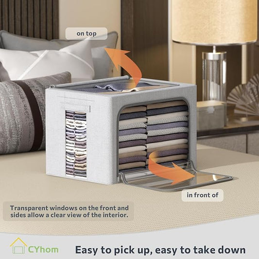 CYhom 4 Pack Clothes Storage Bins with Metal Frame - Linen Fabric Foldable Stackable Container Organizer Set with Clear Window & Carry Handles & Zippers (Light Grey, 23.6"x16.5"x15.7")