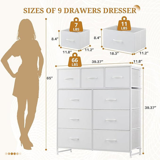 Dresser with 9 Drawers for Bedroom, Fabric Clothes Cabinet for Closet, Anti-Tip Storage Dresser with Metal Frame for Living Room, Entryway, Dorm, White