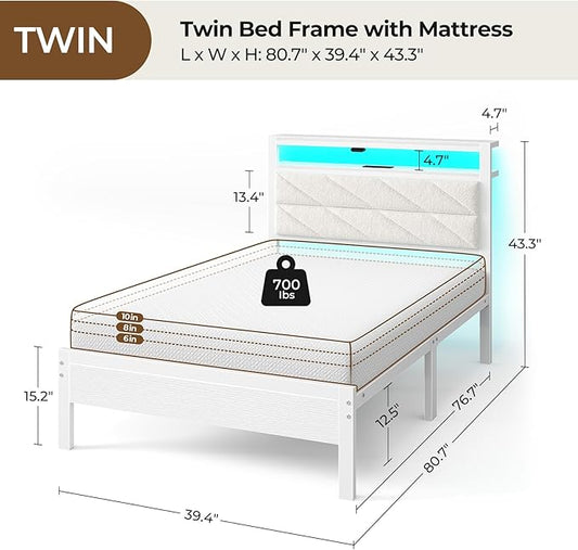 Seventable Bed Frame Twin Size with Charging Station, LED Bed with Upholstered Storage Headboard - 6 Inch Gel Memory Foam Mattress, Fiberglass Free, Breathable & Pressure Relief