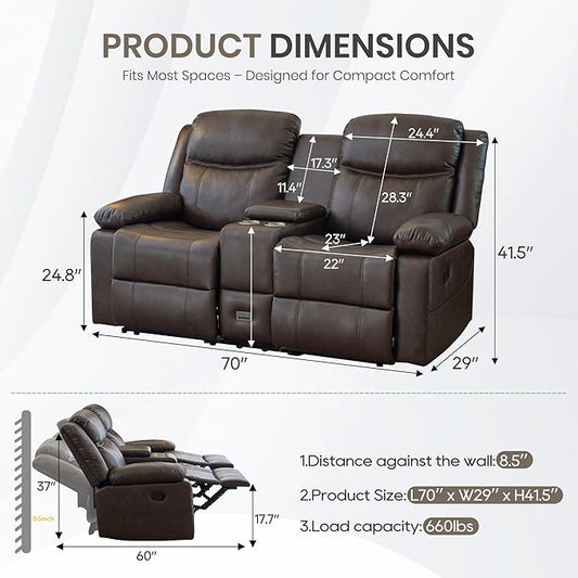 Manual Reclining Loveseat with Massage and Heat, Double Recliner Sofa with Center Console, Cup Holders & Storage for Living Room, RV (Brown)