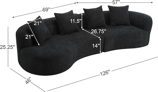 Christopher Knight Home Braebt 126" Sectional Sofa with 4 Throw Pillows, 5-Seater Large Modular Sofa Couches, Comfy Curved Upholstered Cloud Couch for Living Room, Study, No Assembly Required, Black