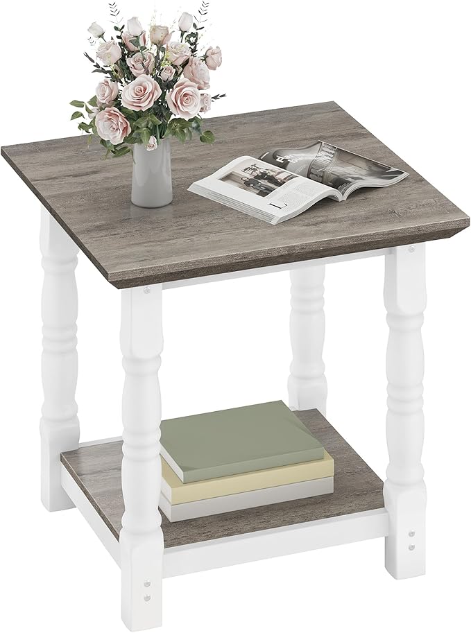 DWVO Farmhouse Square Coffee Table, Antique Accent Side Table with Floor Shelf, 23.6"x 23.6" Living Room Furniture, Vintage Ivory & White