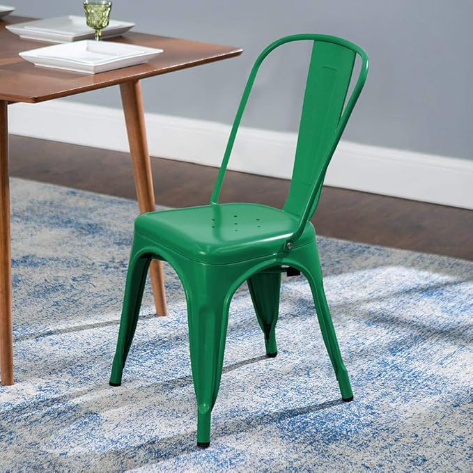 Devoko Metal Indoor-Outdoor Chairs - Distressed Style Kitchen Dining Set of 4 Stackable Side Chairs with Back (Green)