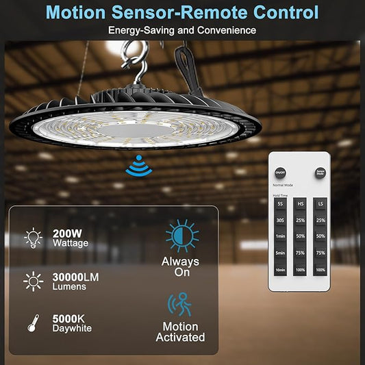 Lightdot Smart 200W(209x1W) High Bay LED Lights 30,000LM UFO Lights with Control (Supports Normal Mode & Motion Mode) ETL-Listed US Plug for 25-35FT Height Warehouse-6Yrs Warranty-6Pack