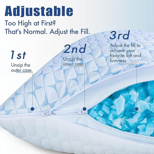 QUTOOL Firm Cooling Pillow Shredded Memory Foam(Adjustable Loft), Supportive Gel Pillow for Side, Back, and Stomach Sleepers, Washable Cover, Queen Size, for Parents Men