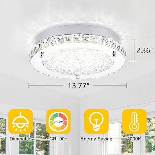 Crystal Ceiling Light Fixture 13 Inch Flush Mount Ceiling Light LED 4000K Dimmable Modern Ceiling Lamp for Bedroom Bathroom Island