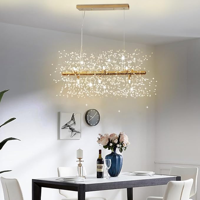 Depuley 27.5" Modern Gold Crystal Firework Chandelier, 9-Light Crystal Light Fixture Hanging, Linear Dandelion Chandelier, Sputnik Ceiling Pendant Light Fixtures for Dining Room(G9 Bulbs Included)