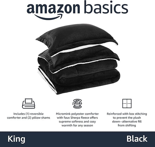 Amazon Basics 3-Piece Micromink Sherpa Down Alternative Comforter Bedding Set, Ultra-Soft, Warm All Season, Machine Washable, King, Black, Solid