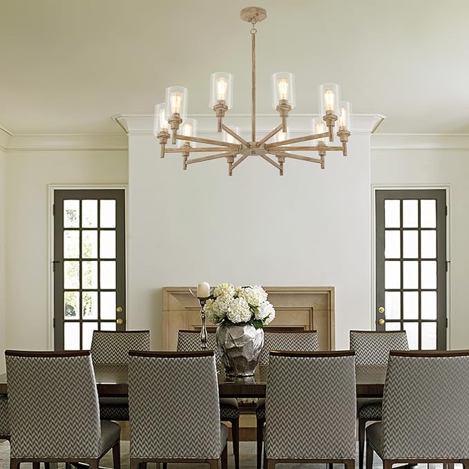 Large Farmhouse Chandelier, 10 Light Rustic Chandeliers for Dining Room Light Fixtures Over Table | Fake Wood Hanging Lighting with Clear Glass Cover for Living Room | Kitchen | Foyer