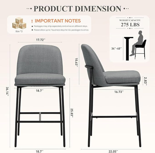 Bar Stools Set of 6, Modern Upholstered Counter Height Bar Chairs with Cushioned Seat and Curved Back, Fabric Kitchen Island Stools with Sturdy Metal Legs for Dining Room Island Bar, Dark Grey