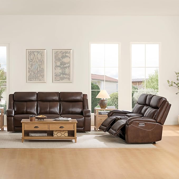 Watson & Whitely Power Reclining Sofa and Loveseat Sets, Genuine Leather Sofa Recliner Couch Set with Power Headrest, Storage Console, USB Ports, Cup Holders, Living Room Furniture Set, Dark Brown