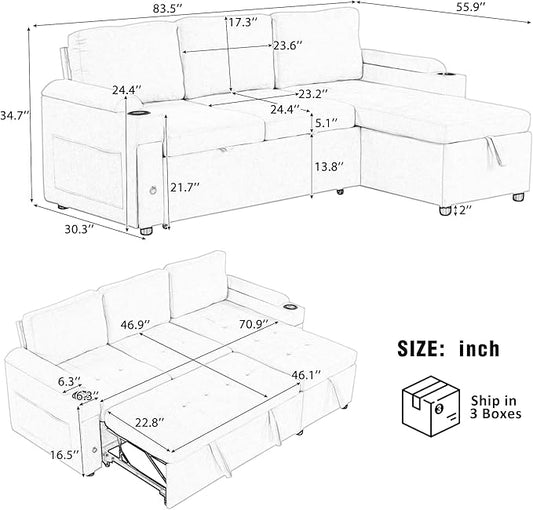 Eafurn 83.5" Sleeper Sectional Sofa with Pull Out Couch Bed, Convertible L-Shaped Sofa with Storage Chaise, Quick Assemble Sleeper Corner Sofa with Cup Holders & USB Ports