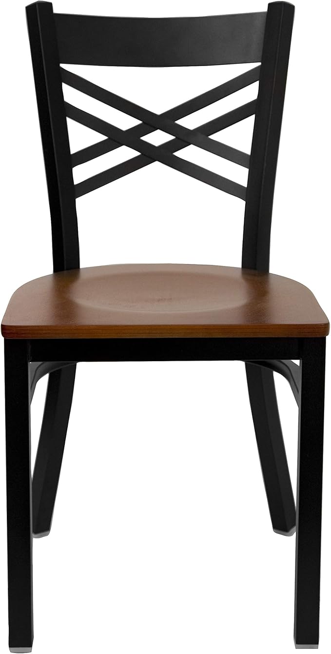 Flash Furniture HERCULES Series Black ''X'' Back Metal Restaurant Chair - Cherry Wood Seat