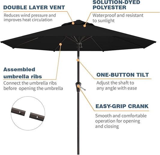 10FT Patio Umbrella, Outdoor Umbrella with Push Button Tilt and Crank, 8 Sturdy Ribs, UV Protection & Waterproof Market Umbrella for Pool, Backyard, Beach,Deck (Black)