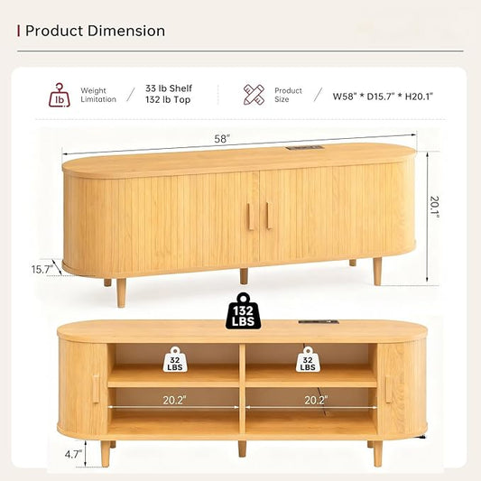 58" Mid Century Modern TV Stand, Wood TV Consoles with Sliding Doors and Power Outlet, Entertainment Center with Adjustable Shelves, Fluted TV Stands for Living Room, Oak