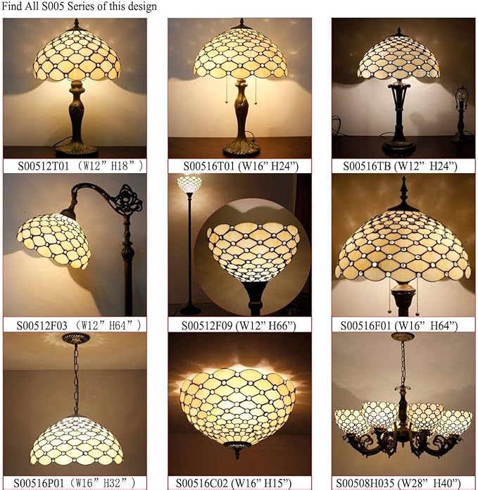 WERFACTORY Tiffany Lamp Stained Glass Table Lamp Cream Pearl Bead Style Desk Reading Light 12X12X22 Inches Decor Bedroom Living Room Home Office S005 Series