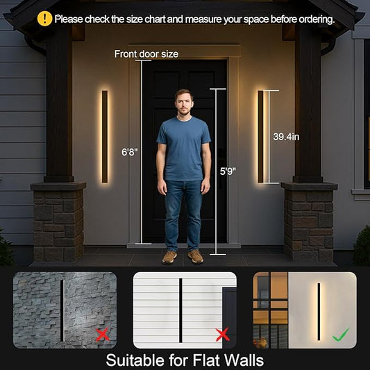 Modern Exterior Lights for House - 39.4inch Long Strip Outdoor Porch & Patio Wall Light Fixture, Black Wall Mount Exterior Lighting Wall Sconce Outside Garage Lights for Courtyard, Corridor