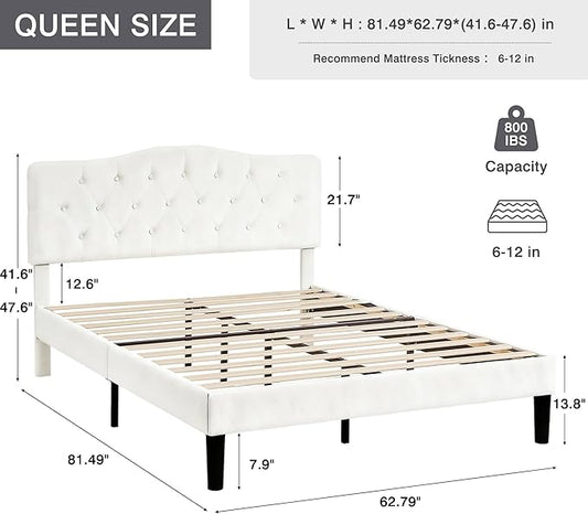 VECELO Queen Size Bed Frame with Upholstered Headboard, Velvet Platform Bedframe Mattress Foundation, Sturdy Wooden Slats Support,No Box Spring Needed Noise Free/Easy Assembly, White
