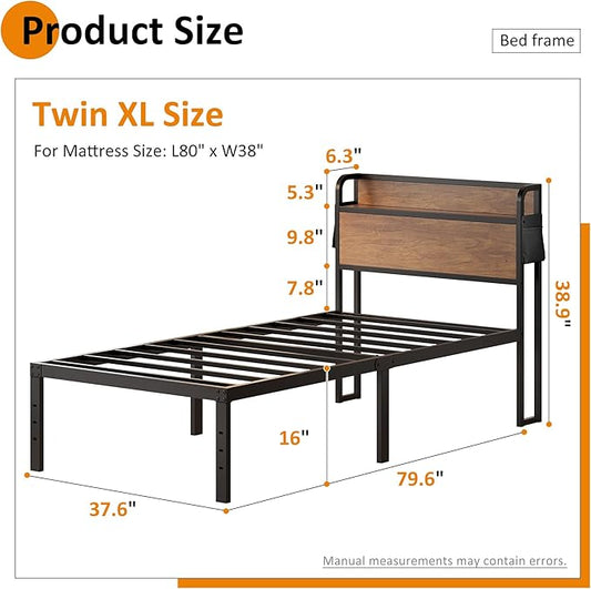 16 Inch Twin XL Bed Frames with Wood Headboard, Storage Bed Frame Twin XL No Box Spring Needed, Noise Free, Mahogany