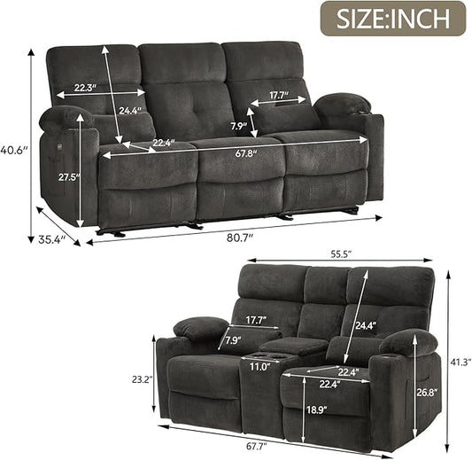 Power Reclining Sofa Set, 2 Pieces Reclining Living Room Set, Power Reclining Sofa and Loveseat Set, Recliner Sofa Set with Massage/Storage/Cup Houlder/USB Port for Living Room
