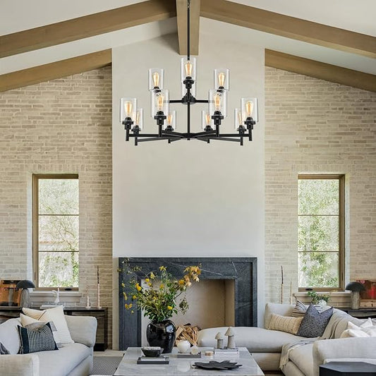 Black Chandelier for Living Room Light Fixture, Large Farmhouse Chandeliers with Clear Glass Shade, Industrial 2-Tier 12 Lights Hanging Lighting for Dining Room Restaurant Villa