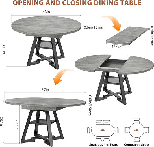 Round Dining Table Kitchen Dining Room Dinner Table for 4-6, Space Saving Extendable Oval Circle Furniture with Pedestal Base and Storage Shelf for Kitchen Living Room (Grey, for 4-6)