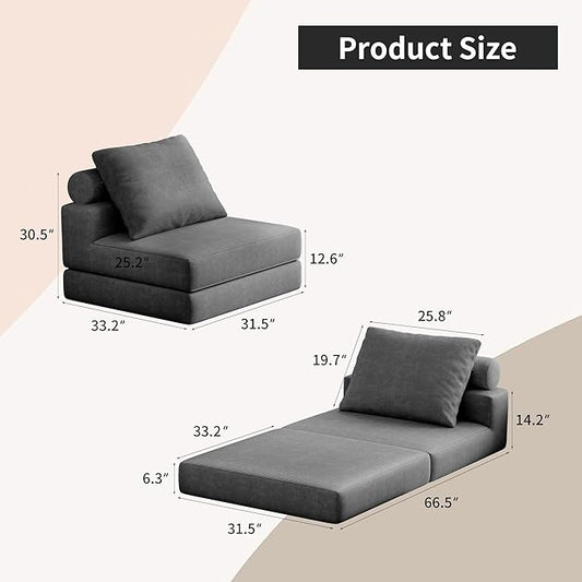 Folding Sofa Bed, 3-in-1 Convertible Sleeper Chair Bed with Pillows, Foldable Floor Couch with High-Density Foam, Futon Small Boneless Couch for Living Room Bedroom Lounge, Single, Black