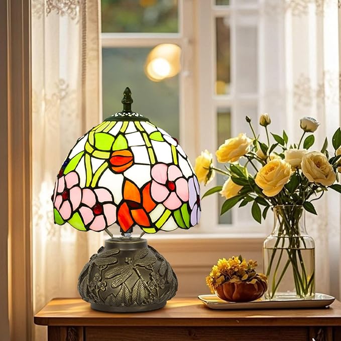 Small Tiffany Table Lamp,Stained Glass Lamp,8 Inch Mushroom Style Mini Vintage Desk Lights for Bedside, Bedroom,Nightstand,Living Room,3 Color Temperature (Four Leaf Flowers)