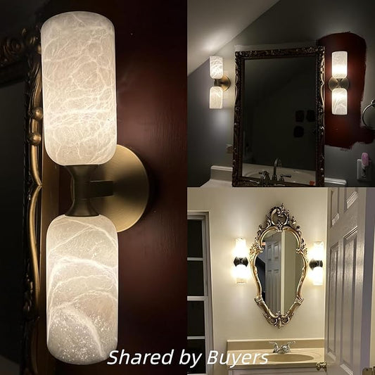 14in Modern Spanish Natural Marble Bathroom Vanity Sconces, Alabaster Wall Sconces Set of Two, Black Alabaster Sconce Wall Lighting, Black Wall Light Fixtures Decor