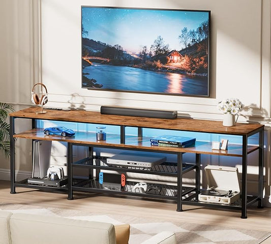 Furologee 71 Inch TV Stand with Power Outlets and LED Lights, Entertainment Center for 65 75 80 Inch TV, Media Console Table with Open Shelves, for Bedroom, Living Room, Rustic Brown