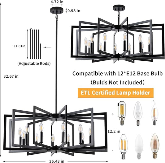 Black Chandelier for Dining Room, 12-Light Kitchen Chandelier Light Fixture Modern Metal Industrial Large Chandeliers for Farmhouse Entryway Living Room (E12 Bulbs Not Included)