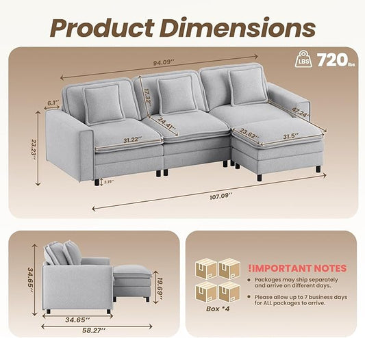 MALOL Modular Sectional Sofa 107", Comfy Cloud Couch with Ottoman, Deep 4-Seat L Shaped Modular Sofa, Couches with Throw Pillows for Living Room, Light Grey
