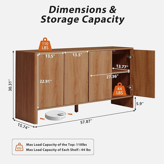 Modern Accent Buffet Cabinet with Adjustable Shelves, Storage Cabinet with 4 Doors, Modern Sideboard Buffet Cabinet, Freestanding Sideboard with Fluted Doors for Kitchen and Living Room (Walnut)
