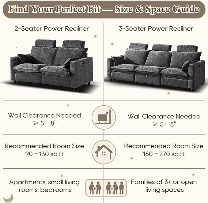 3-Seat Power Reclining Sofa with Under-Seat Storage, USB Ports, Chenille Upholstery, Removable Headrests & Throw Pillows, Power Reclining Couch for Living Room (Grey)