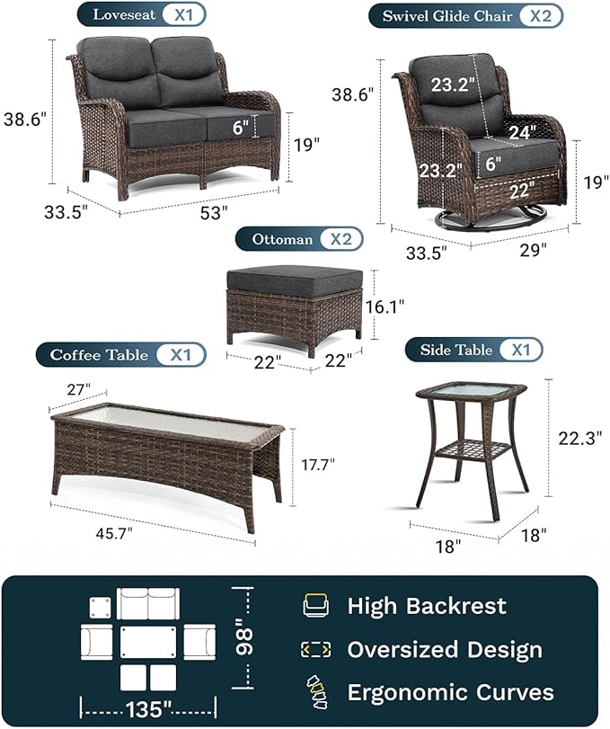 High Back Outdoor Furniture with Extra Thick Cushion Patio Swivel Rocking Chairs, Comfort Loveseat, 7PCS Oversized Wicker Conversation Set for Porch, Deck, Yard in Dark Gray
