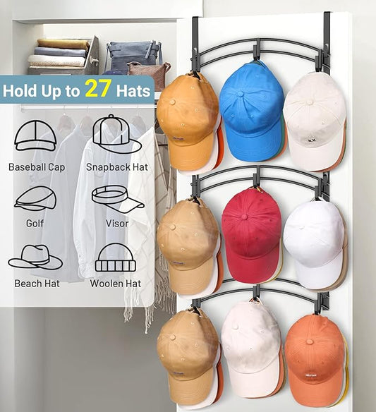 AOODA Space Saving Over the Door Hat Rack for Baseball Caps, Holds up to 27 Caps Metal Hat Organizer with 9 Hooks, Hanging Hat Holder Hanger for Closet, Bedroom (Black)