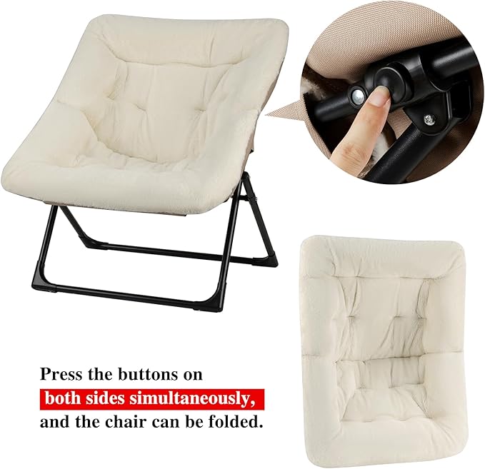 Comfy Saucer Chair for Adults, Soft Faux Fur Bedroom Chair with Ottoman, Accent Dorm Chairs, Living Room Reading Chairs and Footstool, Folding Seat for Teens, X-Large, Beige