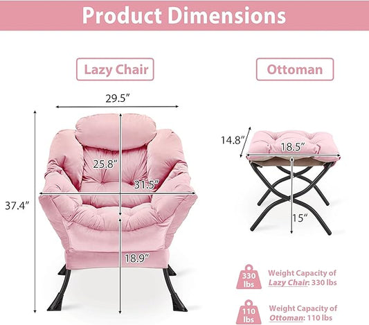 Lazy Chair with Folding Ottoman, Accent Chair Velvet Upholstered with Metal Structure and Non-Slip Pads, Sofa Armchair with Footrest and Side Storage Bag for Dorm, Room, Office, Pink