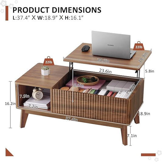 LYNCOHOME Fluted Lift Top Coffee Table with Storage, Modern Coffee Table for Living Room, Home Office(Walnut)