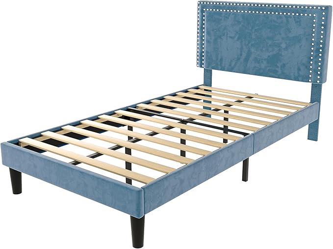Twin Size Platform Bed Frame with Adjustable Upholstered Headboard, Modern Mattress Foundation, Strong Wood Slat Support, No Box Spring Needed, Easy Assembly