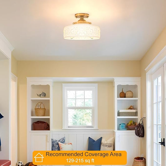 Gold Semi Flush Mount Ceiling Light with Hand-Carved Design - 12 Inch Vintage White Glass Shade with Etched Patterns, Easy Install 3-Light Fixture for Hallway, Kitchen, Bedroom