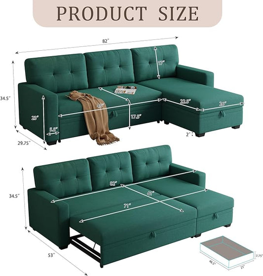 82" L-Shape Convertible Sleeper Sectional Sofa with Storage Chaise and Pull-Out Bed,Modular Corner Couch Lounge,w/Removable 3 Back Cushions and Armrest,for Home Furniture,Green