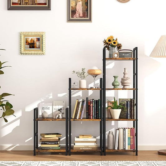 Bookshelf Storage Shelf Bookcase, 3 Tier Industrial Bookcase,Small Book case for Living Room, Bedroom, and Home Office, Easy Assembly Free Combination Multi-Functional Organizer(3 Tier,Rustic Brown)