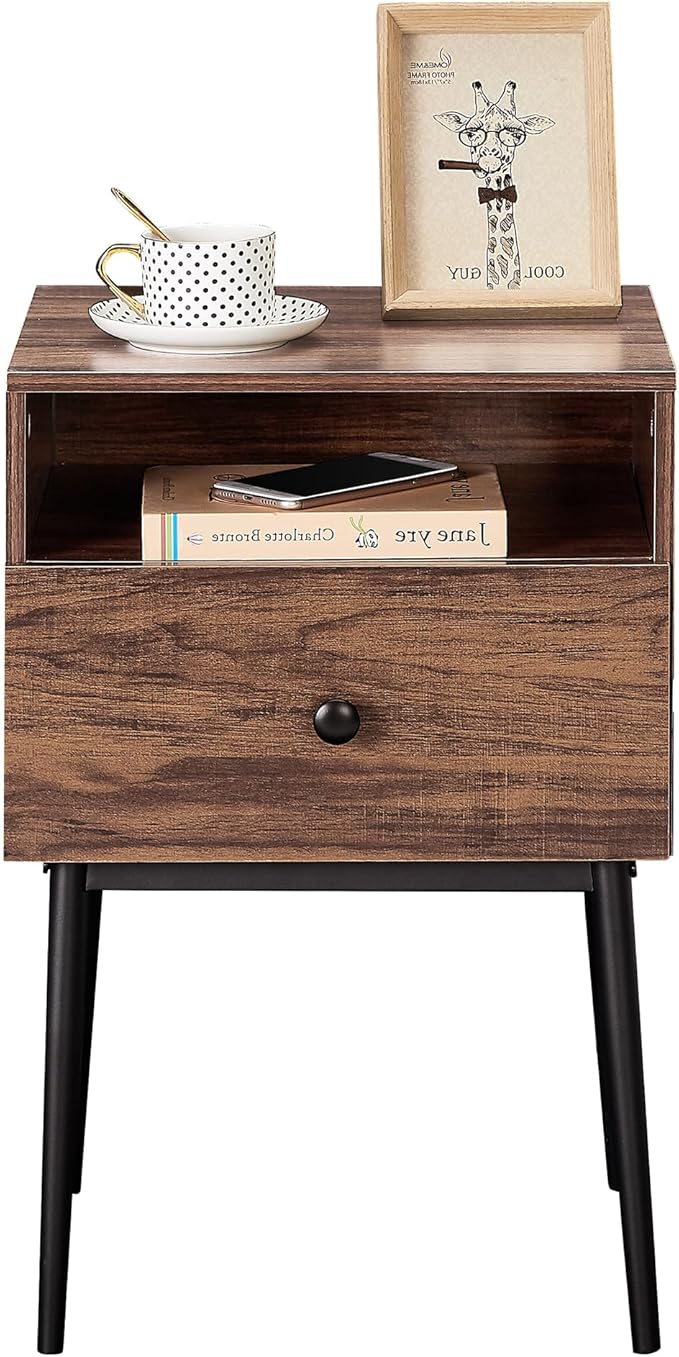 VECELO Night Stand for Bedroom Set of 2,Modern Solid Wood Nightstand with Storage Shelf and Drawer, Bedside Table End Table for Living Room,Bedroom,Entryway,Easy Assembly,Brown