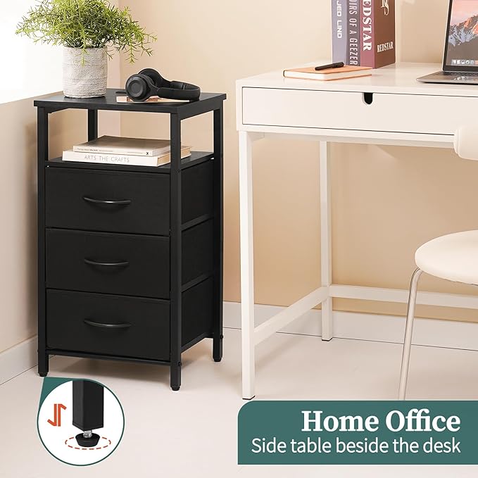 Yoobure Night Stand with Charging Station, 16 Colors LED Nightstand with USB Ports and Outlets, End Table with 3 Fabric Drawers and Storage Shelf, Bedside Tables Small Dresser for Small Space, Black
