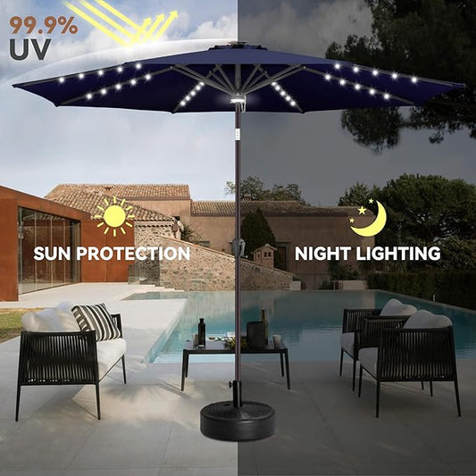 10ft Solar Umbrella Outdoor - Lighted Solar Patio Umbrella with 40 LED Lights Waterprool UV Protection, Table Umbrella with Tilt for Pool, Porch, Garden, Deck, Backyard (Navy Blue)