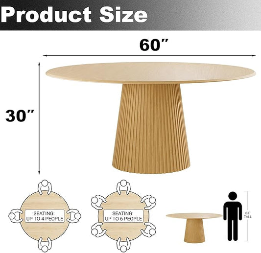 Casaphoria 60" Round Dining Table, Modern Wood Kitchen Table with Cone Grating Bar Base for Living Room & Dining Room, Easy Assembly Farmhouse Furniture for 4-6, Oak