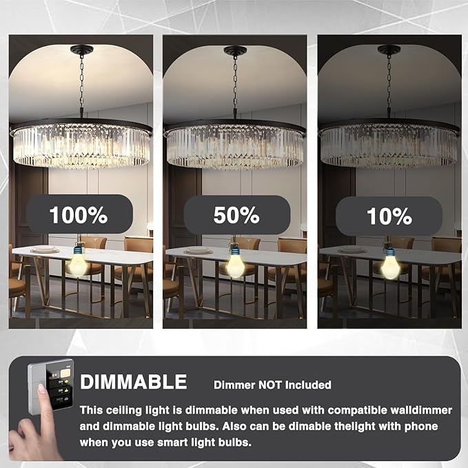 Crystal Chandeliers 18-Light, Metal Ceiling Light Fixture Adjustable Height, 39 Inch Modern Luxury Hanging/Chandelier for Living Room Dining Room Kitchen Hallway Foyer, Black