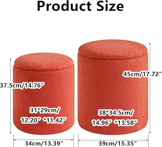 IBUYKE Storage Ottoman Set of 2 Round Ottoman Fleece Vanity Stool with Storage Velvet Footrest Stool End Table Boucle Ottoman for Home Organization UWBD015J