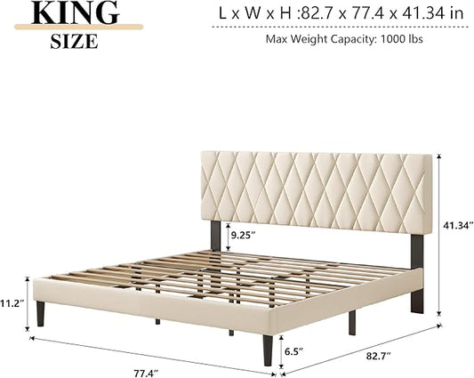 King Size Bed Frame with Diamond Tufted Headboard, Velvet Upholstered Platform Bed and Wooden Slat Support, Noise-Free, No Box Spring Needed, Easy Assembly, Beige
